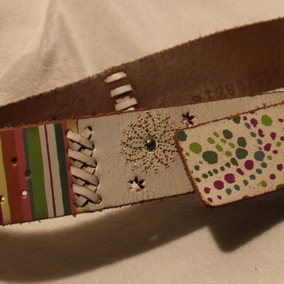 Y2K FOSSIL Leather Boho VTG Belt, Flowers Stripes Dots Size Lrg - Picture 2 of 7
